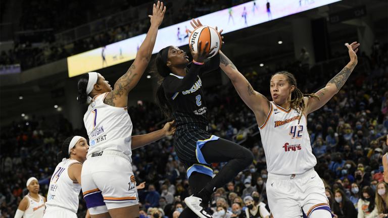 Chicago Sky’s Kahleah Copper (2) goes up to shoot the basketball against Phoenix Mercury’s Brittney Griner (42) and Kia Vaughn (1) during the first half of Game 3 of the WNBA Finals, Friday, Oct. 15, 2021, in Chicago. (AP Photo / Paul Beaty)