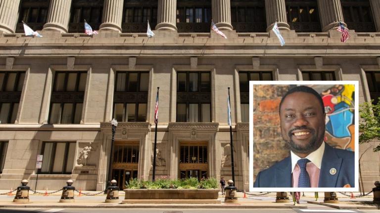 Background: Chicago City Hall is pictured in a file photo. (Michael Izquierdo / WTTW News) Inset:  Emmanuel Andre. (Provided)