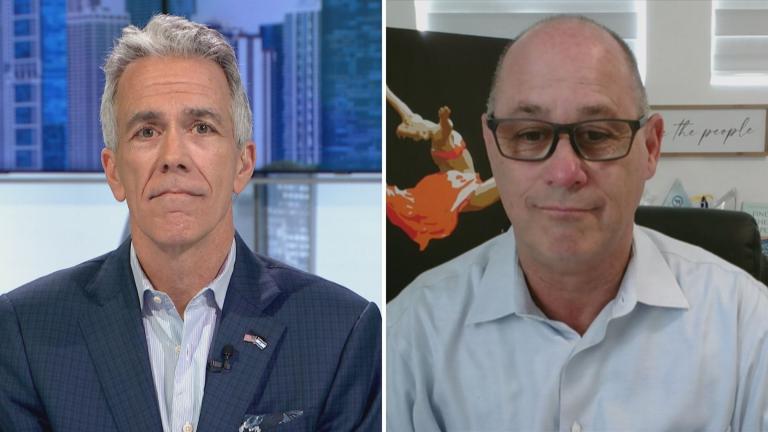 Joe Walsh, left, and Fred Guttenberg appear on “Chicago Tonight” on April 8, 2024. (WTTW News)