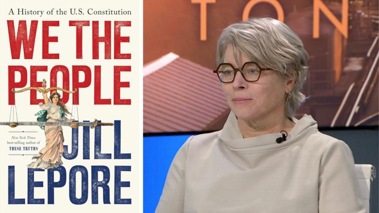 Left: The cover of “We the People: A History of the U.S. Constitution.” Right: Jill Lepore appears on “Chicago Tonight” on Nov. 5, 2025. (WTTW News)
