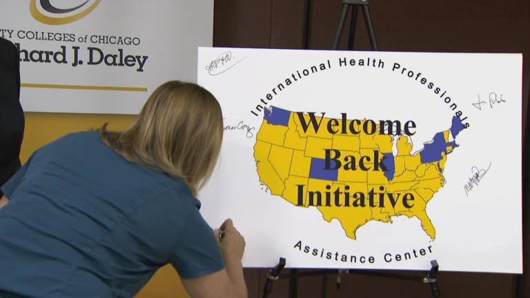 The Chicago Welcome Back Center launched Aug. 16, 2022, at the Arturo Velasquez Institute at Richard J. Daley College. (WTTW News)