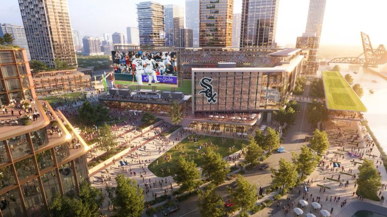 A rendering of a White Sox stadium at The 78 site with additional development. (Credit: Related Midwest)