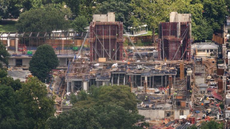 White House Ballroom construction continues Wednesday, Aug. 5, 2026, at the White House in Washington. (AP Photo / Tierney L. Cross)