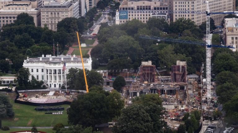 Construction continues on a helipad and the White House Ballroom on the South Lawn of the White House, Wednesday, Aug. 5, 2026, in Washington. (AP Photo / Tierney L. Cross)