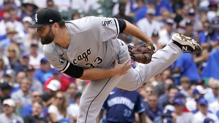 Chicago White Sox starting pitcher Lance Lynn follows through during the first inning of a baseball game against the against the Chicago Cubs, Friday, Aug. 6, 2021, in Chicago. (AP Photo / Charles Rex Arbogast)