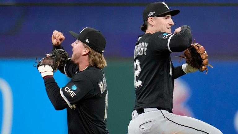 Chicago White Sox's Chase Meidroth, left, and Colson Montgomery, right, celebrate after Game 2 of baseball's American League Division Series against the Cleveland Guardians, Monday, Oct. 5, 2026, in Cleveland. (AP Photo / Sue Ogrocki)