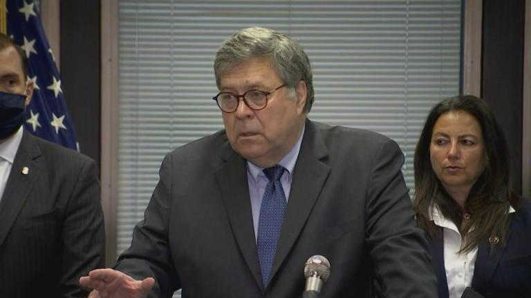 U.S. Attorney General William Barr speaks about Operation Legend in Chicago on Wednesday, Sept. 9, 2020. (Pool camera)