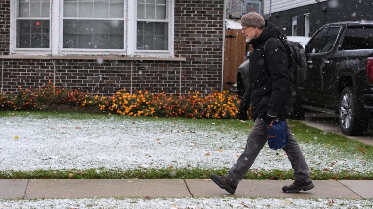 Pedestrian walks on the sidewalk during a snowy day in Skokie, Ill., Sunday, Nov. 9, 2025. (AP Photo / Nam Y. Huh)