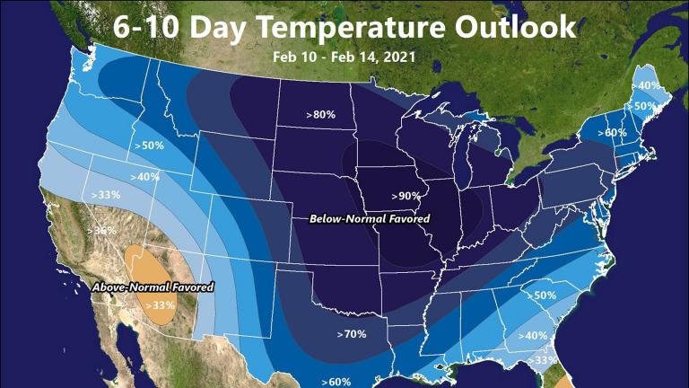This illustration made available by the National Weather Service on Thursday, Feb. 4, 2021 shows a Feb. 10-14 forecast for below-normal temperatures for large parts of the United States. (National Weather Service via AP)