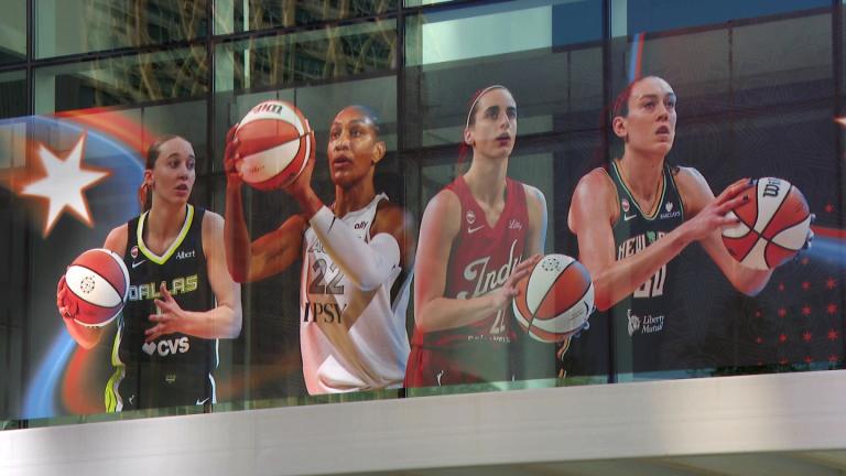 A banner at Wintrust Arena ahead of the 2026 WNBA All-Star Weekend. (WTTW News)
