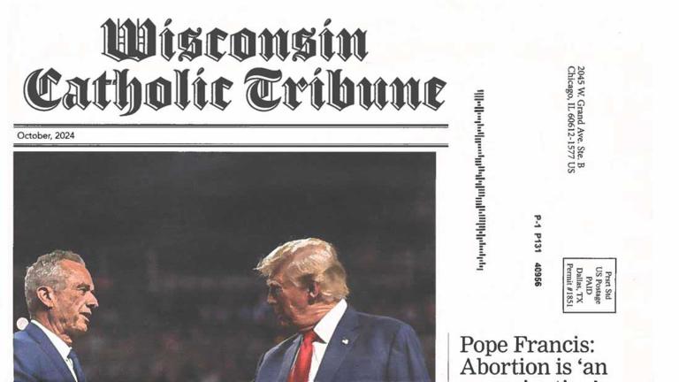 A portion of the front page of the Wisconsin Catholic Tribune’s October 2024 issue. The return address in Chicago matches the business mailing address of companies within the Metric Media network.