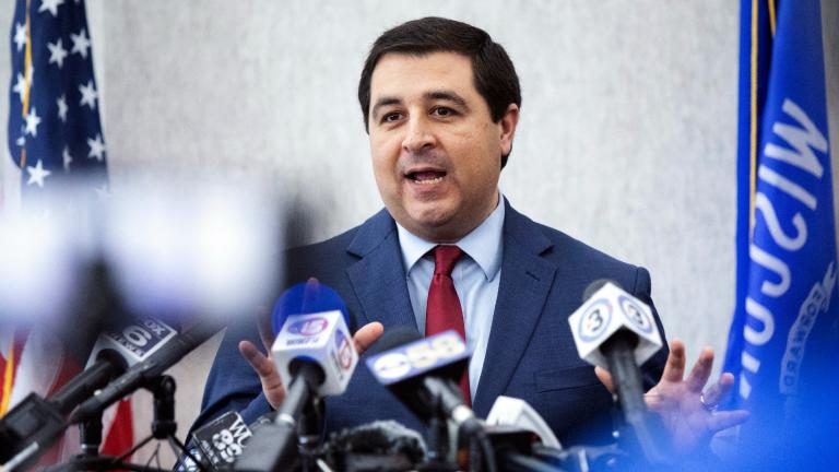 FILE - Wisconsin Attorney General Josh Kaul delivers remarks following hearing before Dane County Wis. judge Diane Schlipper which challenges a 174-year-old feticide law in Madison, Wis., May 4, 2023. (John Hart / Wisconsin State Journal via AP, File)