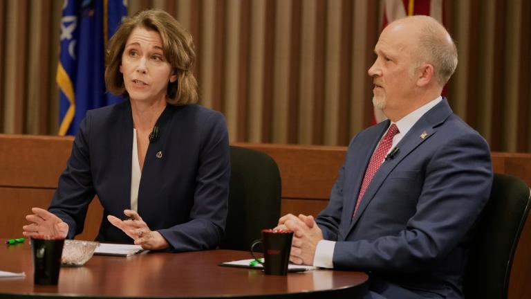 Wisconsin Supreme Court candidates Brad Schimel and Susan Crawford participate in a debate Wednesday, March 12, 2025, in Milwaukee. (AP Photo / Morry Gash)