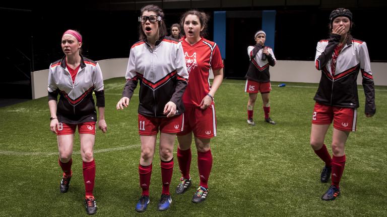 Cydney Moody (No. 8), Sarah Price (No. 11), Natalie Joyce (No. 7), Mary Tilden (No. 13), Isa Arciniegas (No. 25) and Taylor Blim in “The Wolves” at Goodman Theatre. (Credit: Liz Lauren)