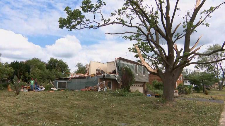 A tornado downed trees and damaged homes in suburban Woodridge late Sunday, June 20, 2021. A second tornado hit Plainfield, according to officials. (WTTW News)
