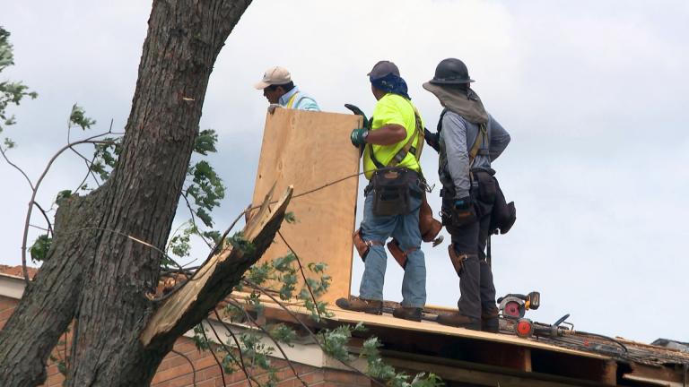 Cleanup efforts are underway Monday, June 21, 2021 in suburban Woodridge following a tornado and severe storms Sunday night. (WTTW News) Cleanup efforts are underway Monday, June 21, 2021 in suburban Woodridge following a tornado and severe storms Sunday night. (WTTW News)