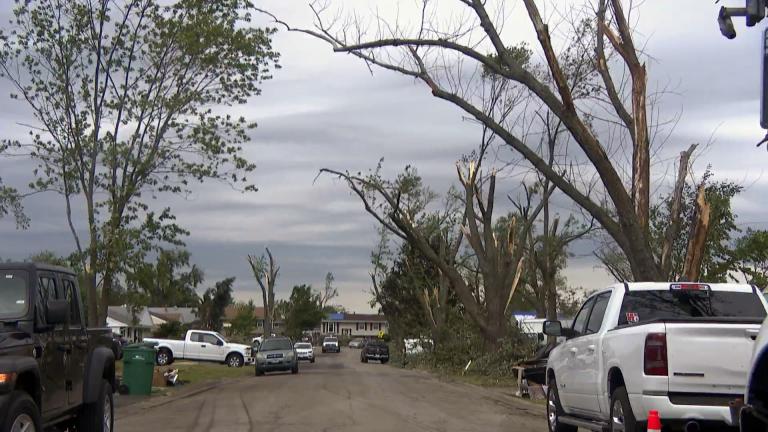 Evidence of a tornado that tore through suburban Woodridge is visible June 24, 2021, just four days after the EF3 twister touched down. (WTTW News)