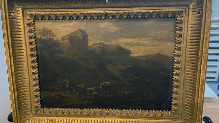 This photo shows the 18th century painting titled “Landscape of Italian Character” by Vienna-born artist Johann Franz Nepomuk Lauterer, Thursday, Oct. 19, 2023 in Chicago. (AP Photo / Claire Savage)
