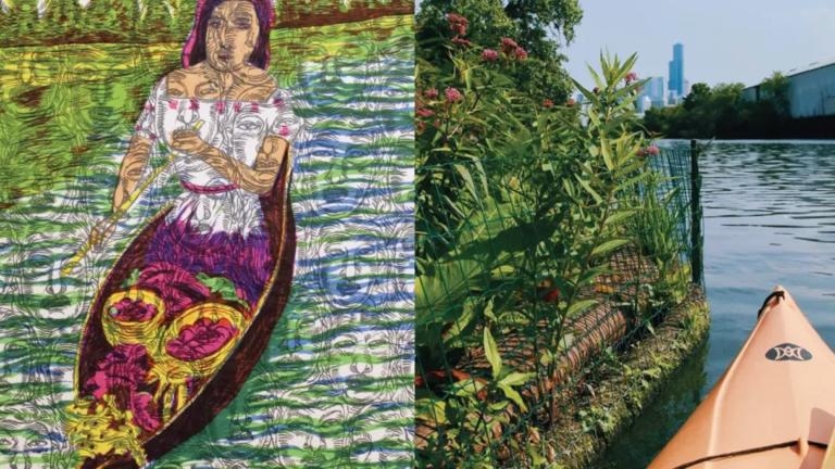 Left: José Lozano, “La sonámbula (The Sleepwalker),” 1998, (NMMA Permanent Collection). Right: Nick Wesley, “View from the Wild Mile,” 2021 (Urban Rivers) 