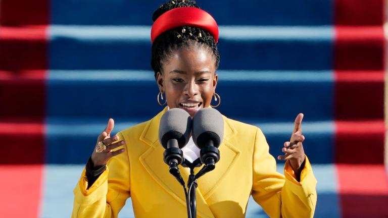 American poet Amanda Gorman reads her commissioned poem “The Hill We Climb” during the 59th Presidential Inauguration at the U.S. Capitol in Washington on Jan. 20, 2021. (AP Photo / Patrick Semansky, Pool, File)