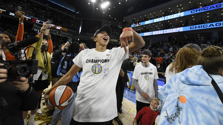Chicago Sky's Candace Parker celebrates after her team defeated the Phoenix Mercury in Game 4 of the WNBA Finals to become champions Sunday, Oct. 17, 2021, in Chicago. (AP Photo / Paul Beaty, File)