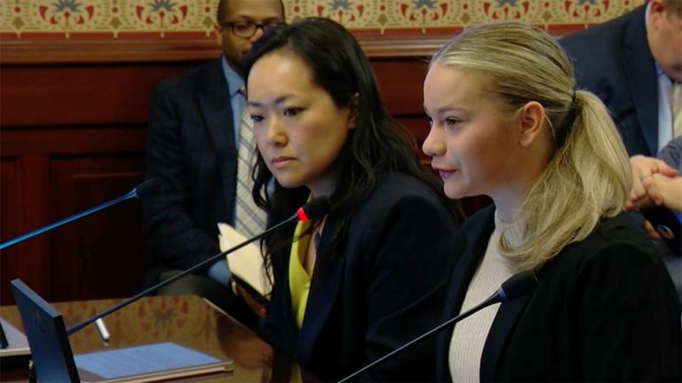 State Rep. Janet Yang-Rohr, left, and Carmel Catholic High School student Libby Magnone testify before a House committee on legislation that would let high school student athletes compete on both school-sponsored and non-school teams in the same sport during the same season. (Peter Hancock / Capitol News Illinois)