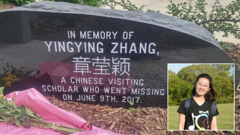 A memorial stone engraved with Yingying Zhang’s name in both English and Chinese is adorned with flowers on the campus of the University of Illinois at Urbana-Champaign on Friday, June 7, 2019. Zhang was last seen alive at a nearby bus stop on Friday, June 9, 2017. Inset: Yingying Zhang. (Memorial photo by Mark Van Moer. Zhang photo courtesy University of Illinois Police Department)