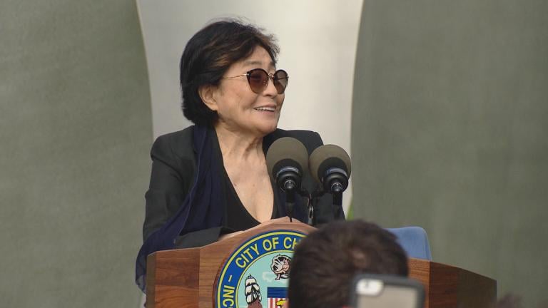 Yoko Ono unveils “Sky Landing” in Chicago’s Jackson Park on Monday. (Chicago Tonight)