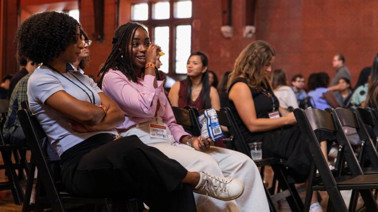 Attendees at the Youth VoteFest voter engagement event, hosted by the UChicago Institute of Politics in partnership with the Students Learn Students Vote Coalition, at the Epiphany Center for the Arts on Aug. 21, 2024. (Michael Izquierdo / WTTW News)