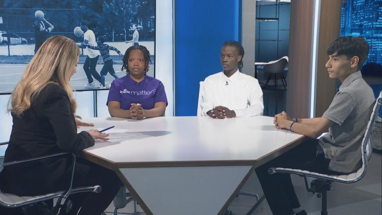 Amanda Vinicky talks to Chicago teens Erica Smith, Davarius Jones and Jonathan Morales on “Chicago Tonight” on April 23, 2024. (WTTW News)