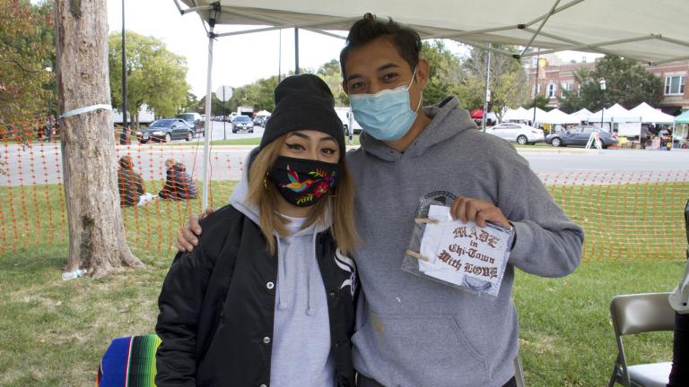 Artists Michelle Vega and Sir Charles at Zinemercado in Logan Square on Sunday, Oct. 4, 2020. (Ariel Parrella-Aureli / WTTW News)