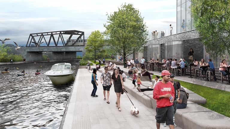 A rendering based on the new Our Great Rivers project shows pedestrians at the Ashland CTA Orange Line station accessing a water taxi stop along the Chicago River. (Metropolitan Planning Council)