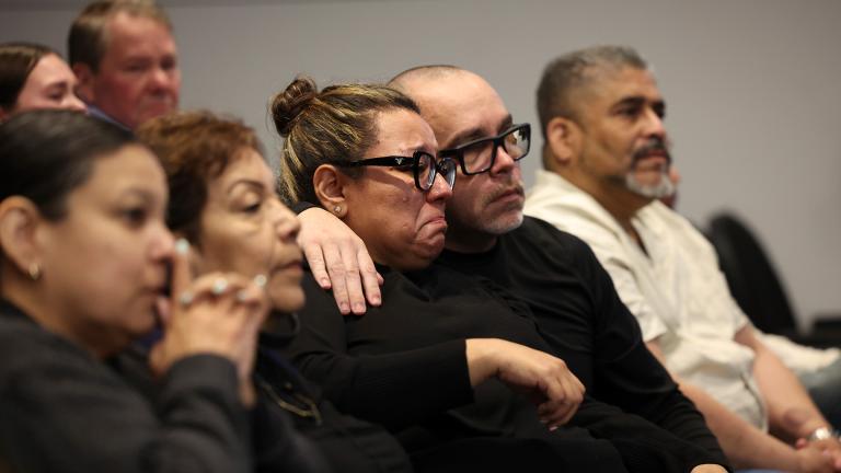 Members of the Uvaldo family react as Judge Victoria Rossetti sentences Robert Crimo III at the Lake County Courthouse, in Waukegan, Ill., on Thursday, April 24, 2025.  (Stacey Wescott / Chicago Tribune via AP, Pool)