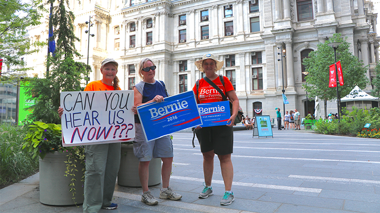 Kimmie Knapp, Penny Neiman and Kristie Sollins travelled from southern Indiana to Philadelphia to support Bernie Sanders at the 2016 Democratic National Convention. (Evan Garcia / Chicago Tonight)