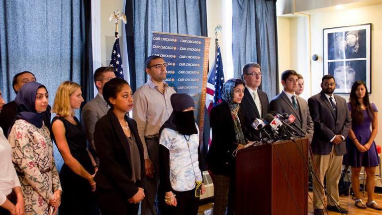 Hoda Katebi of CAIR Chicago speaks during a press conference. (Courtesy of Council on American Islamic Relations)