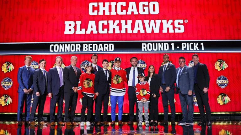 Connor Bedard (center) was selected by the Blackhawks with the first overall pick of the NHL Draft on June 28, 2023. (Bruce Bennett / Getty Images via CNN)