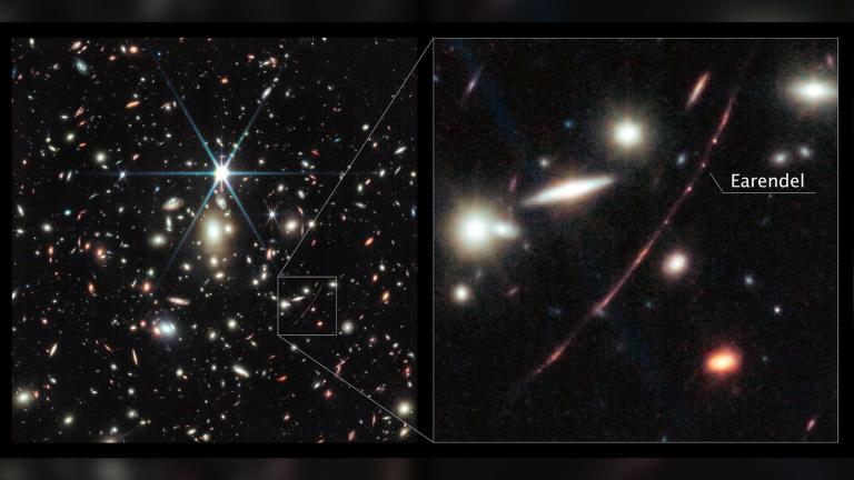 This Webb image shows a massive galaxy cluster called WHL0137-08, and at the right, an inset of the most strongly magnified galaxy known in the universe’s first billion years called the Sunrise Arc. (NASA / ESA / CSA)