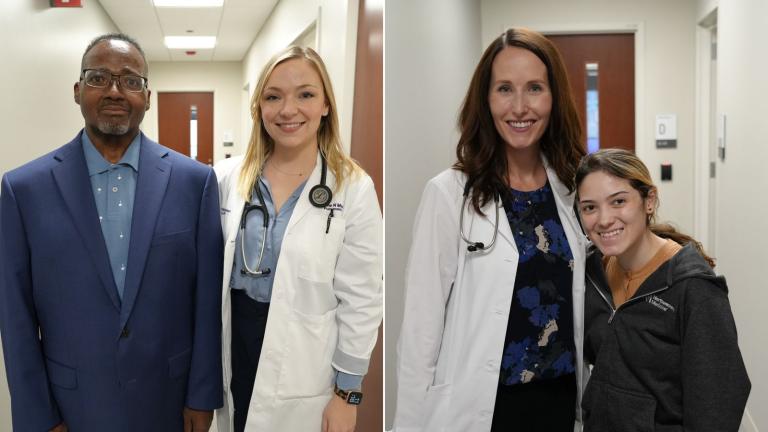 From left, lung transplant patient Dennis Deer, 50, is shown with pulmonologist Dr. Catherine Myers of Northwestern Medicine. Nurse practitioner Jennifer Wright is shown with lung transplant patient Yahaira Vega, 27. (Erin Valle / Northwestern Medicine)