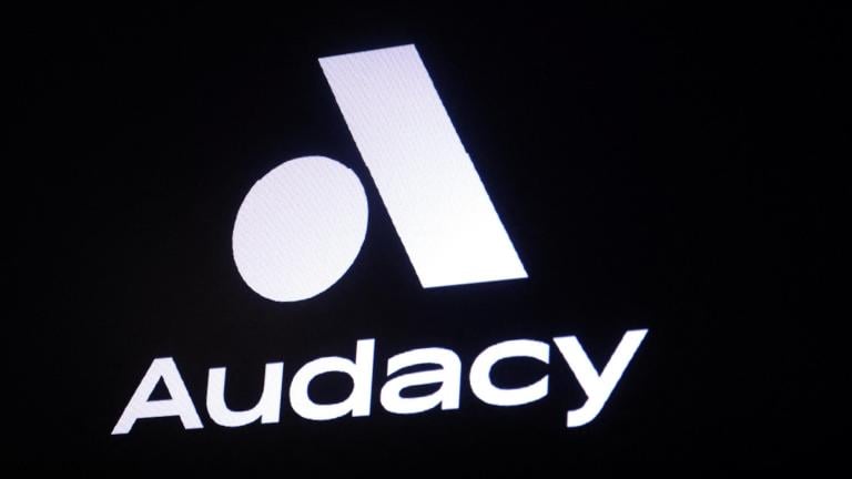 A screen displays the company logo for Audacy, Inc. on the floor of the New York Stock Exchange (NYSE) in New York City, U.S., May 16, 2023. (Brendan McDermid / Reuters)