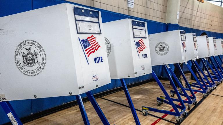 Pictured is a polling station in Manhattan’s Tribeca neighborhood on June 23, 2026. (Laura Brett / Getty Images via CNN Newsource)