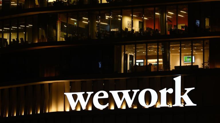 WeWork logo is seen on an office building in Tel Aviv, Israel, on December 29, 2022. (Jakub Porzycki / NurPhoto / Getty Images)