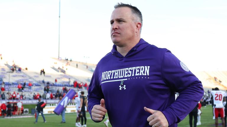 Head football coach Pat Fitzgerald of the Northwestern Wildcats at Ryan Field in Evanston, Illinois, on Oct. 8, 2022. (Michael Reaves / Getty Images via CNN)