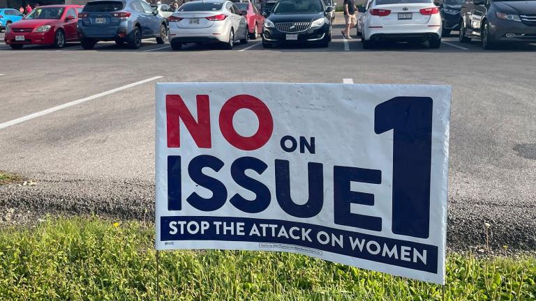 A sign urging voters to vote "no" on Issue 1 in front of the Franklin County Board of Elections in Columbus, Ohio, on August 3. (Samantha Hendrickson / AP)