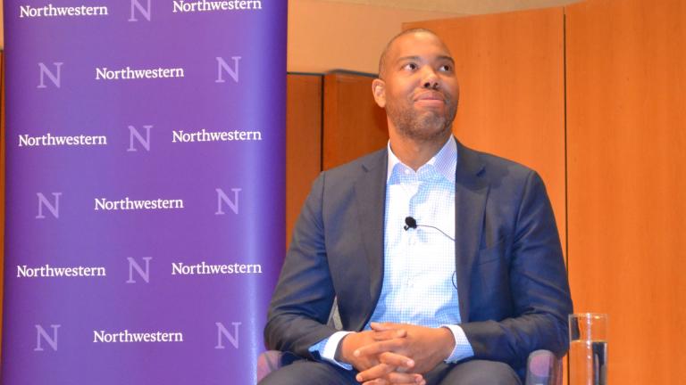 Ta-Nehisi Coates appears during a Northwestern University event on Jan. 31, 2017. (Maya Miller / WTTW News)