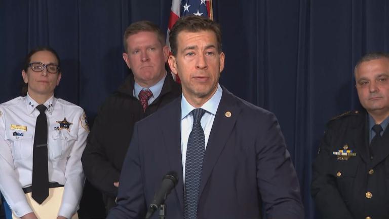 Illinois Secretary of State Alexi Giannoulias speaks at a news conference March 23, 2023. His office announced $21 million in grants for law enforcement to target carjackings and auto thefts. (WTTW News)