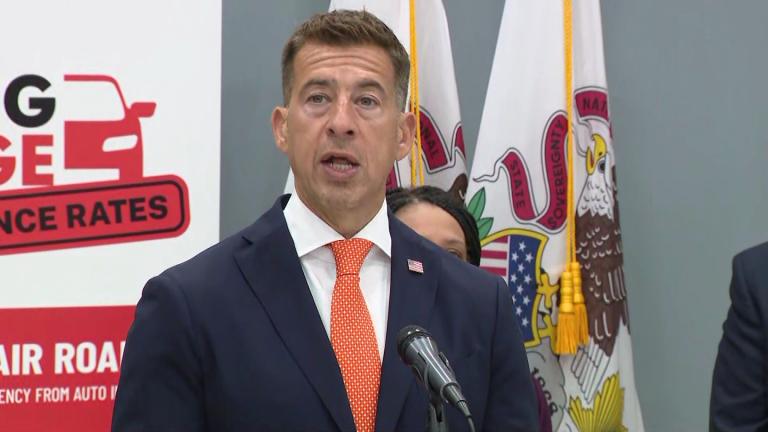 Illinois Secretary of State Alexi Giannoulias speaks at a news conference on July 30, 2025, announcing a campaign aimed at reforming car insurance ratemaking practices. (WTTW News)