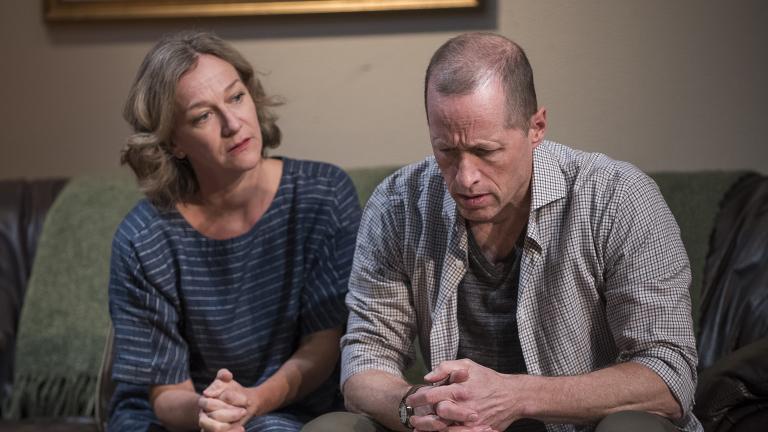  Matilda Ziegler (Em) and ensemble member Tim Hopper (Andy) in Steppenwolf’s world premiere production of “Downstate.” (Photo by Michael Brosilow)