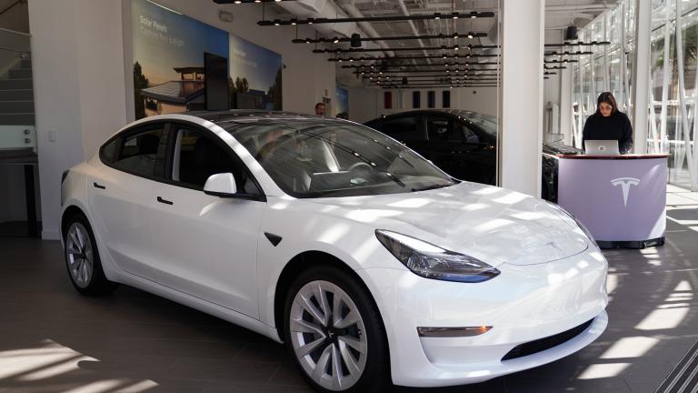 A Tesla Model 3 on display at the Tesla store in Santa Monica, California. (Allison Dinner / Getty Images via CNN)
