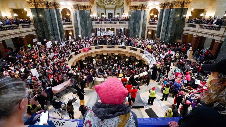 Abortion rights supporters are seen in the Wisconsin Capitol Rotunda in Madison on Jan. 22, 2023. (Morry Gash / AP)