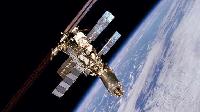 The International Space Station was photographed by one of the STS-98 crew members aboard the Space Shuttle Atlantis following separation of the Shuttle and Station on Feb. 16, 2001. (Credit: NASA)